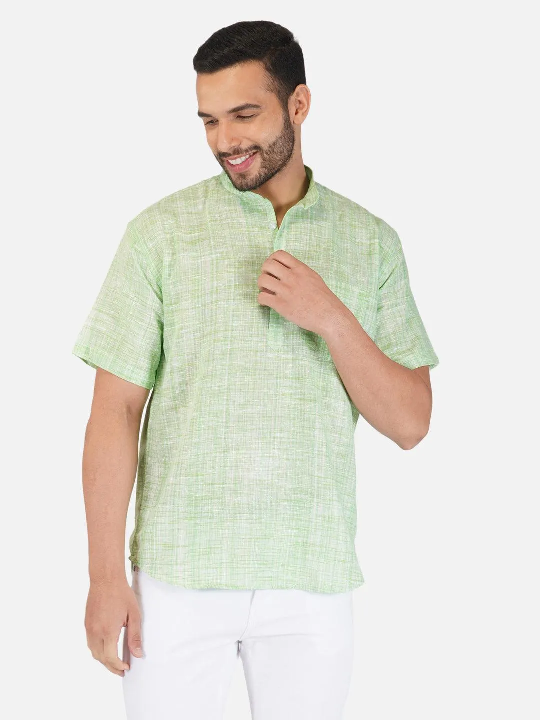 Pure Khadi Short Kurta in Light Green Color