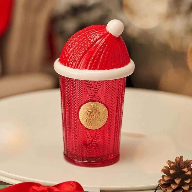 Starbucks 14.2oz Red Christmas Sweater Glass Mug with Santa Hat Lid (Starbucks China Christmas 2021)