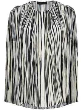 STRIPED PLEATED PRINTED SHEER CHIFFON BLOUSE