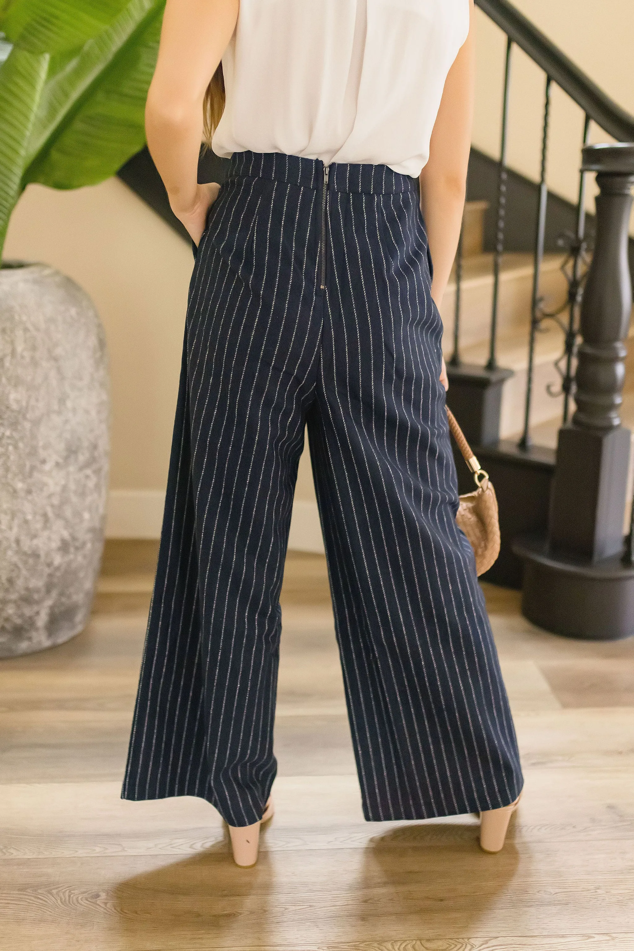 Sutton High Waist Stripe Print Wide Leg Pants Navy