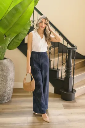 Sutton High Waist Stripe Print Wide Leg Pants Navy