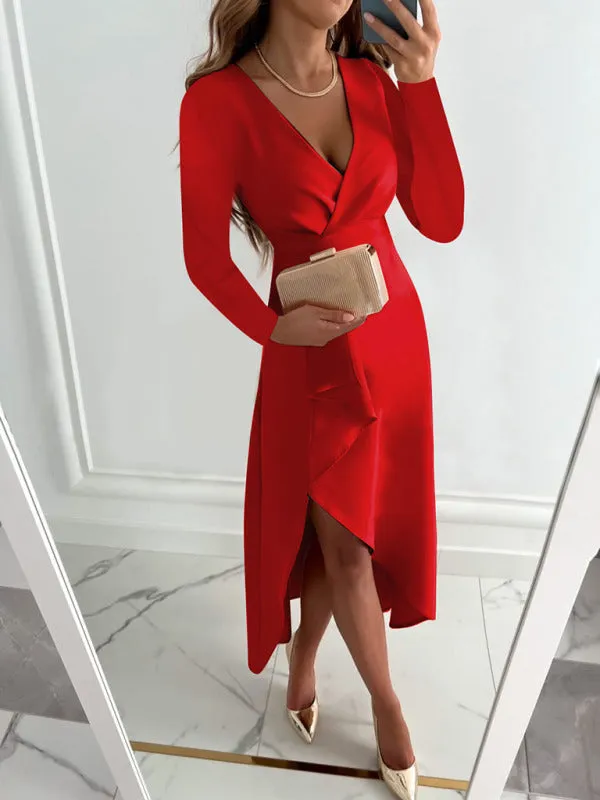 Women's Elegant Long Sleeve V-Neck Gathered Hem Split Dress