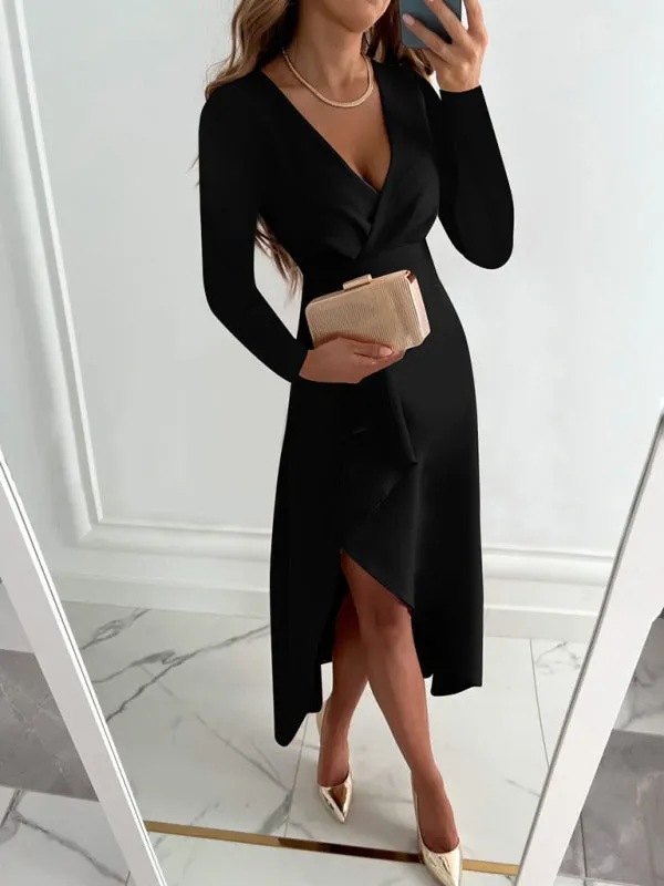 Women's Elegant Long Sleeve V-Neck Gathered Hem Split Dress