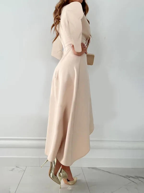 Women's Elegant Long Sleeve V-Neck Gathered Hem Split Dress