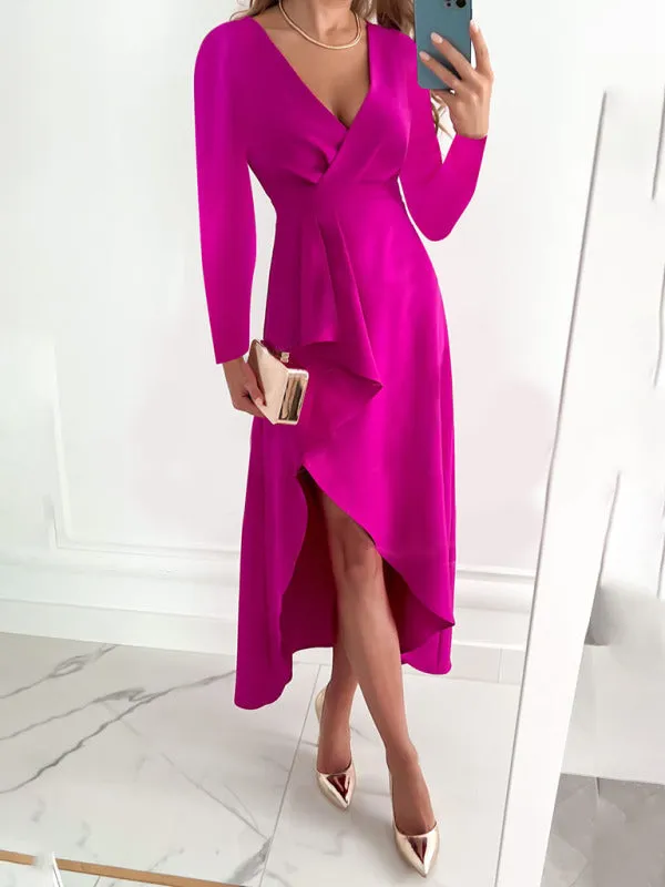 Women's Elegant Long Sleeve V-Neck Gathered Hem Split Dress