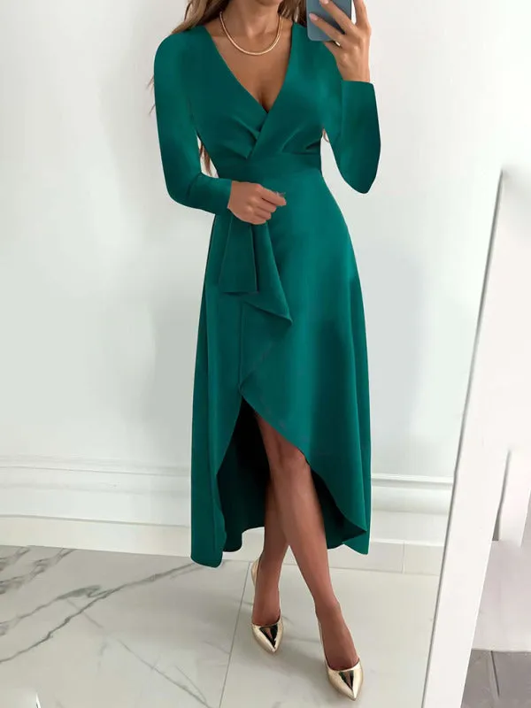 Women's Elegant Long Sleeve V-Neck Gathered Hem Split Dress