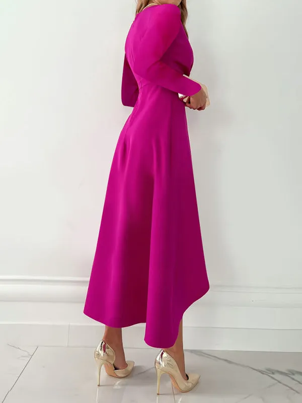 Women's Elegant Long Sleeve V-Neck Gathered Hem Split Dress