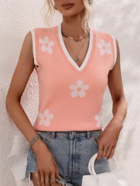 Women's Subtle Flower Print V-Neck Knit Tank Top