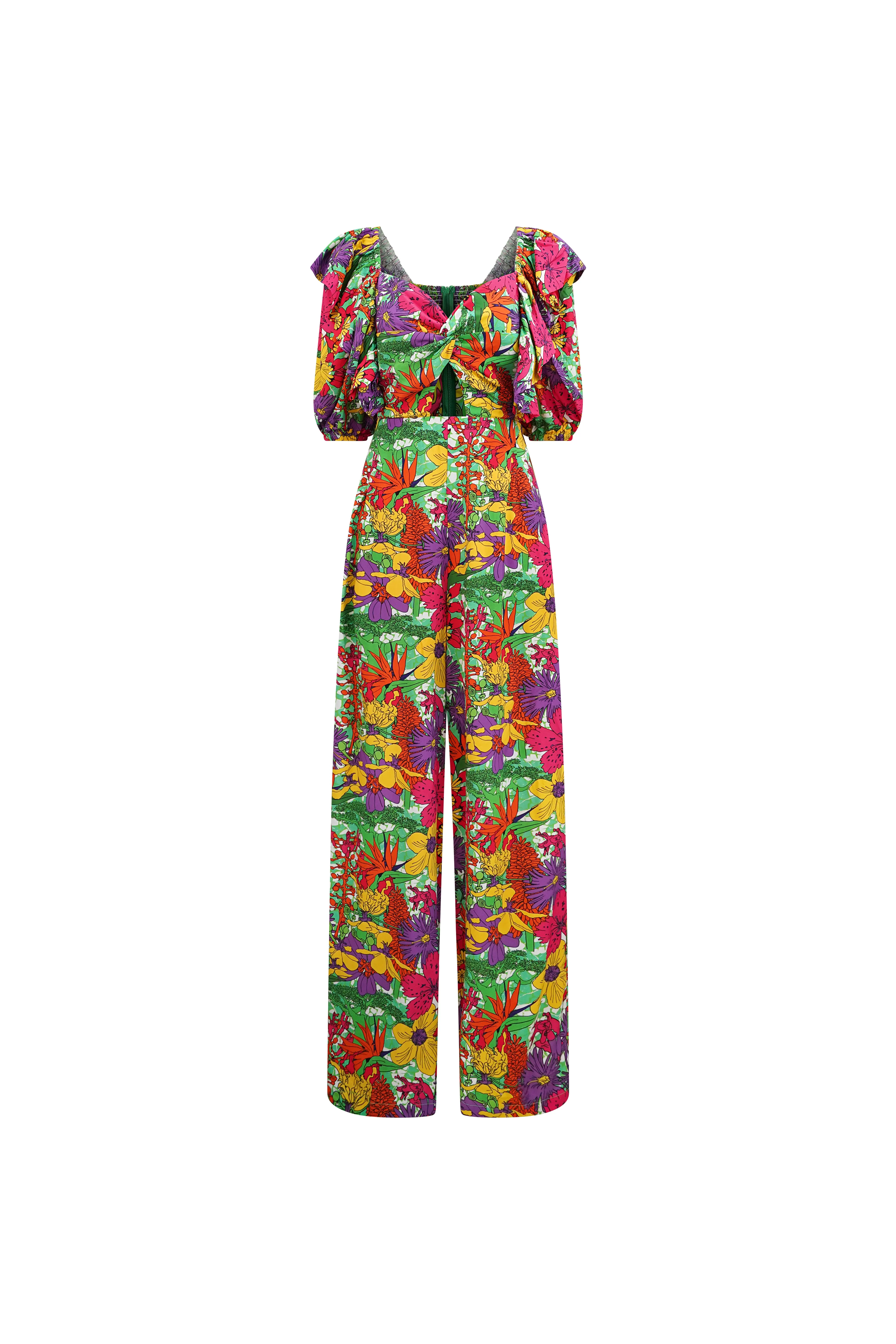 Zalika Puff Ruffle Sleeves Jumpsuit - Green Pink Yellow Garden Mosaic Print | ILC OA OG